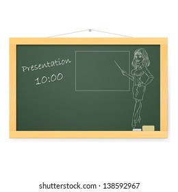 Blackboard with business woman and organizing presentations. Illustration on white