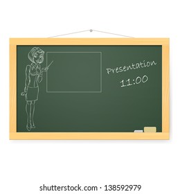 Blackboard with business woman and presentations. Illustration on white