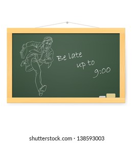 Blackboard with Businessman Running To Work With Briefcase. Illustration on white background.