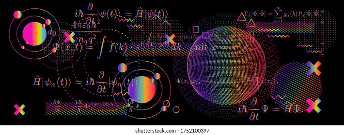 Blackboard with calculations: Schrodinger equation and other quantum mechanics formulas. Concept of education and complex systems.