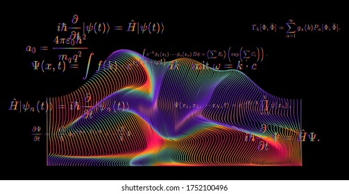 Blackboard with calculations: Schrodinger equation and other quantum mechanics formulas. Concept of education and complex systems.