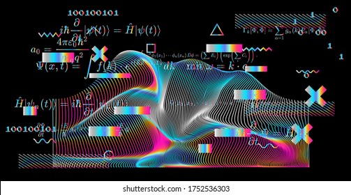 Blackboard with calculations: Schrodinger equation and other quantum mechanics formulas. Concept of education and complex systems.