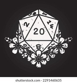 blackboard chalk Black and White Tattoo linework Style natural 20 D20 dice roll with floral elements
