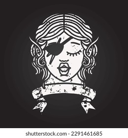 blackboard chalk Black and White Tattoo linework Style elf rogue character face with banner