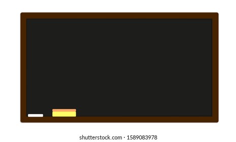 Blackboard for chalk. A clean empty dark surface for writing text and diagrams. Attribute of training, teaching, demonstration and for clarity. Chalk and sponge to remove chalk. Vector illustration.