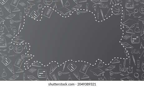 Blackboard chalk doodles with many school stationery hand drawn objects. White outline sketches on black background. Pen, pencil, ruler, compasses, eraser, etc. For Back to School design projects.