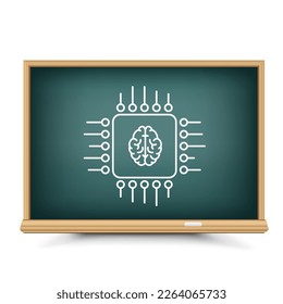 Blackboard chalk draw computer chip and brain with shadow on white background. Chalkboard drawing pc processor. Learn and teach AI mind technology