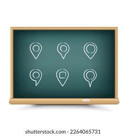 Blackboard chalk draw map pins set with shadow on white background. Chalkboard drawing location sign symbol