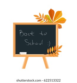Blackboard, Chalk And Fallen Leaves, Set Of School And Education Related Objects In Colorful Cartoon Style