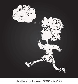 blackboard chalk freehand drawn thought bubble cartoon running woman