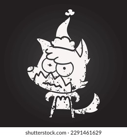 blackboard chalk hand drawn drawing of a annoyed fox wearing santa hat