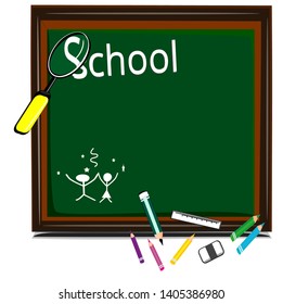 Blackboard, chalk, pencil, network, text Vector illustration concept background School opening, and teaching equipment tools