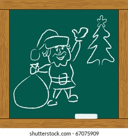 blackboard with chalk scribbles draw of Happy Santa Claus and xmas tree