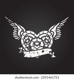 blackboard chalk tattoo in black style of a flying heart with flowers and banner