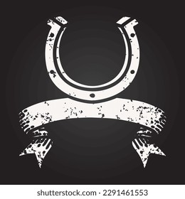 blackboard chalk traditional black linework tattoo with banner of a horse shoe