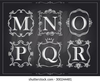 Blackboard chalk vintage calligraphic letters in monogram retro frames, alphabet logos set - M, N, O, P, Q, R