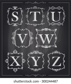 Blackboard chalk vintage calligraphic letters in monogram retro frames, alphabet logos set - S, T, U, V, W, X, Y, Z