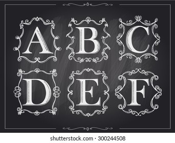 Blackboard chalk vintage calligraphic letters in monogram retro frames, alphabet logos set - A, B, C, D, E, F
