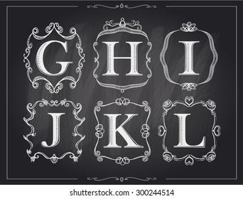 Blackboard chalk vintage calligraphic letters in monogram retro frames, alphabet logos set - G, H, I, J, K, L