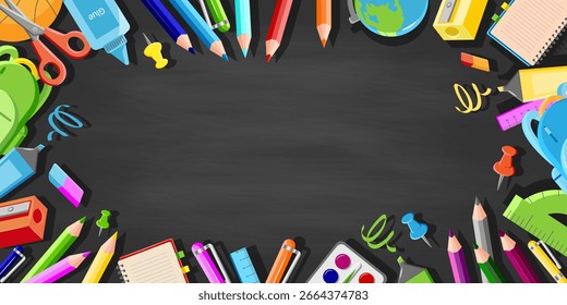 Blackboard, Chalkboard Background with Chalk Texture and School Supplies Element Icons on Chalk Board Background. School Template Invitation Advertising Web Social media Sale. Back to School Vector.