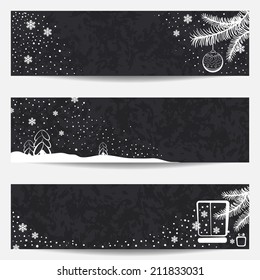 Blackboard christmas set in vector; three banners with snow and spruce branches.