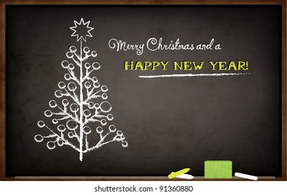 Blackboard mit Weihnachtsbaum und Neujahrsgruß
