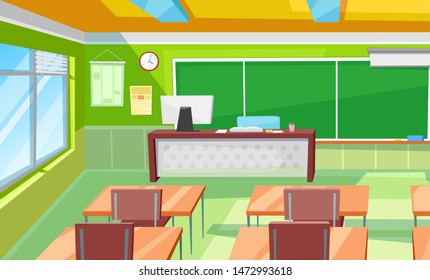 Blackboard in classroom vector, desk and chairs in room flat style interior. Workplace of students and pupils, table with computer and books teachers. Back to school concept. Flat cartoon