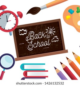 blackboard with clock alarm and books with pencils colors