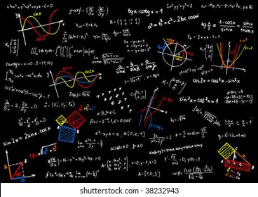 Blackboard with colored mathematics sketches and formula - vector illustration