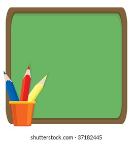 Blackboard and cup full of colored pencils. Vector illustration