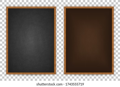 Blackboard for design menu cafe, restaurant, canteen. Realistic blank black chalkboard in wooden frame for pizza, drink, coffee, meal, beer, burger. Empty board isolated on whit background. Vector