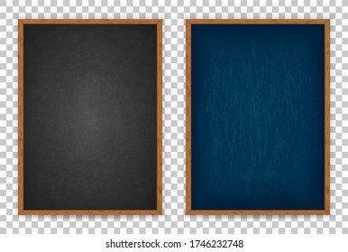 Blackboard for design menu cafe, restaurant, canteen. Realistic blank black chalkboard in wooden frame for pizza, drink, coffee, meal, beer, burger. Empty board isolated on whit background. Vector