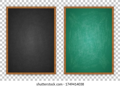 Blackboard for design menu cafe, restaurant, canteen. Realistic blank black chalkboard in wooden frame for pizza, drink, coffee, meal, beer, burger. Empty board isolated on whit background. Vector