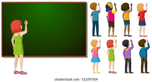 Blackboard y caracteres diferentes en la ilustración de acción de escritura