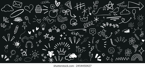 Blackboard doodle art, white drawings, stars, hearts, cloud, arrows. Perfect for creative projects, school presentations, artistic advertisements. Engaging, versatile visual
