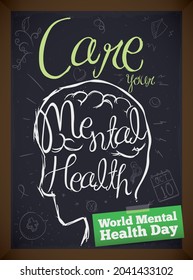 Blackboard with doodle chalk drawings and side view head silhouette for World Mental Health Day celebration in October 10.