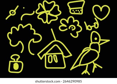 Blackboard doodle icons set. Hand drawn chalk sketch education elements, Vector set of hand drawn doodle icons on blackboard background. Includes various school, science, and learning symbols 

