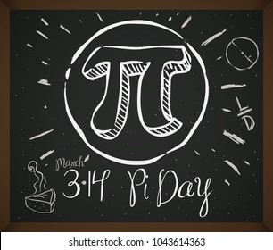 Blackboard with doodles associated to celebrate Pi Day: pie cake, circle, ratio, diameter of circumference and date for this holiday in March 14.