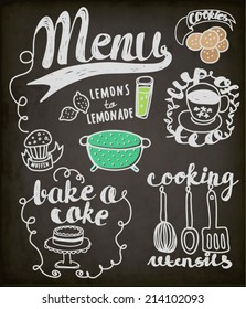 Blackboard Doodles Themed Around Food and Drink - Hand drawn vignettes related to food and drink, including teacup, cookies, cake, muffin and lemonade, in a sketchy simple style