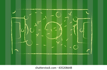 blackboard drawing a soccer game strategy.On green football field