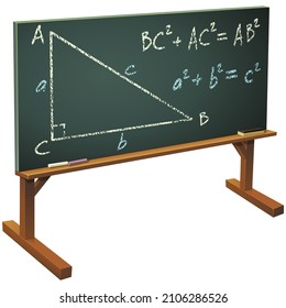 Pizarra con el dibujo de un triángulo cuadrado y la fórmula de Pitágoras inscrita en la vista 3D de tiza