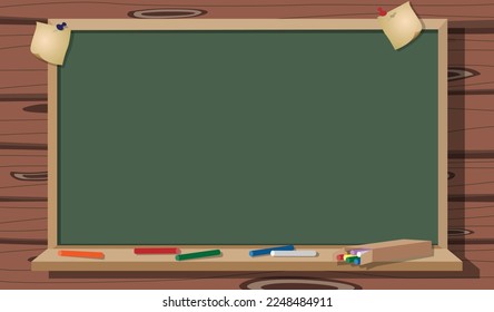 Pappe und Elemente auf braunem Holzhintergrund. chalkboard für Kopienraum. Blankografik-Vektorgrafik