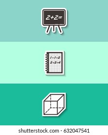 Blackboard, exercise book and geometric cube vector icon. Mathematics sign. Three flat design icons. 