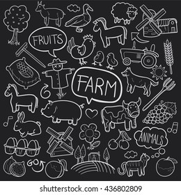 Blackboard Farm Day Animals Doodle Icons Hand Made vector Illustration sketch.