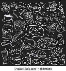 Blackboard Fast Food Doodle Icons Hand Made vector Illustration sketch.