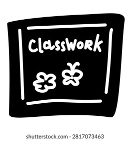 Blackboard featuring the Classwork text on it and childish drawings of flower and butterfly. Simple vector illustration of a school supply