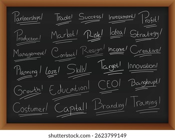 A blackboard featuring a collection of business-related terms written in white chalk, emphasizing concepts of work, management, creativity, and strategy, ideal for illustrating entrepreneurial ideas, 