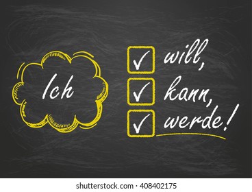 Blackboard with german text "Ich will, kann, werde", translate "I want, can,  will". Eps 10 vector file.