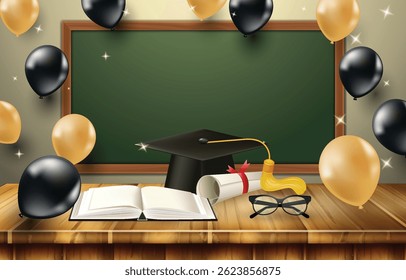 Blackboard with graduation cap, books and balloons on wooden table.