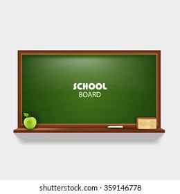 Blackboard with green apple chalk and sponge Vector illustration.
